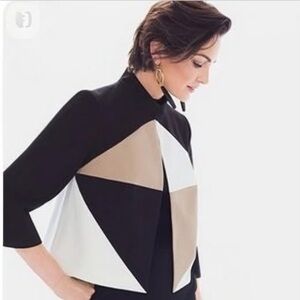 CHICO’S BLACK LABEL BLACK/TAN/WHITE COLOR BLOCK CROP GEOMETRIC JACKET SZ 1 or 8